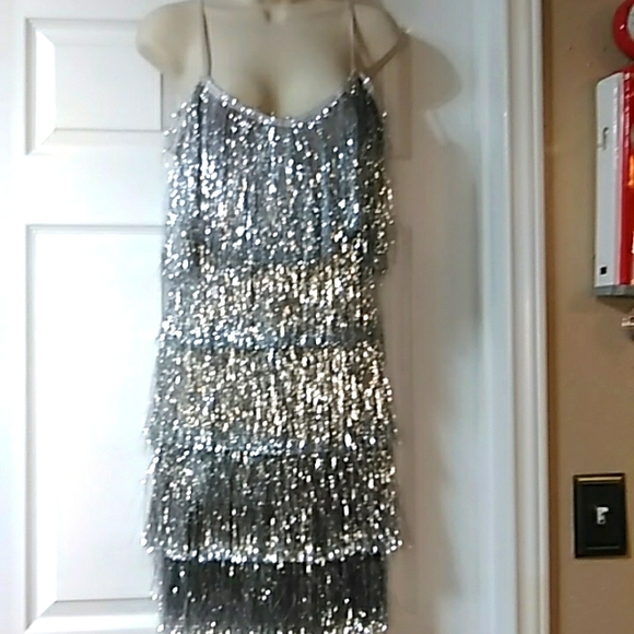 CBR Dresses & Skirts - Tinsel dress NWT silver size small adjustable strap nude color lining dress.